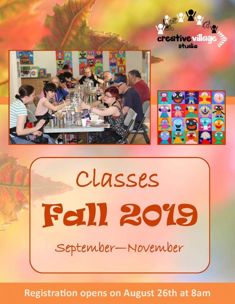 The front cover of the Fall brochure. Fall leaves in the background. A photo of artists around a big table working on their creations. 